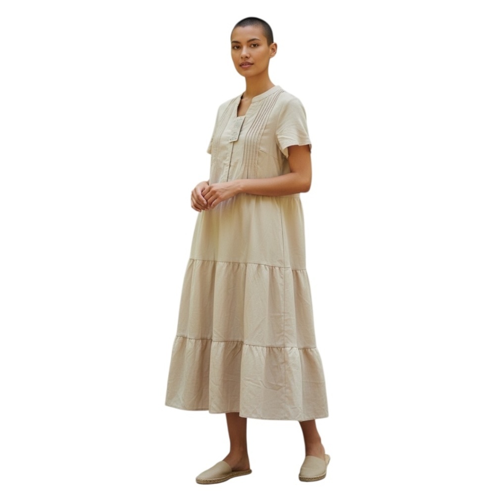KIRUNDO Women's Short Sleeve Button V Neck Pleated Loose Maxi Tiered Dress, NWT